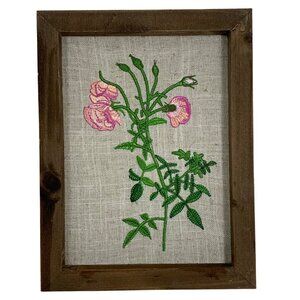 Cottage Embroidered Poppy or Sweet Peas Floral On Burlap Open Wood Rustic Frame
